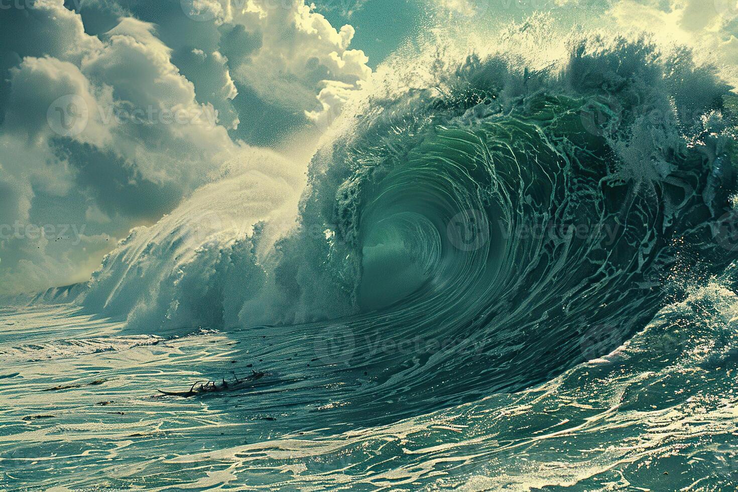 Scary tsunami with huge foamy wave, apocalyptic dramatic background photo