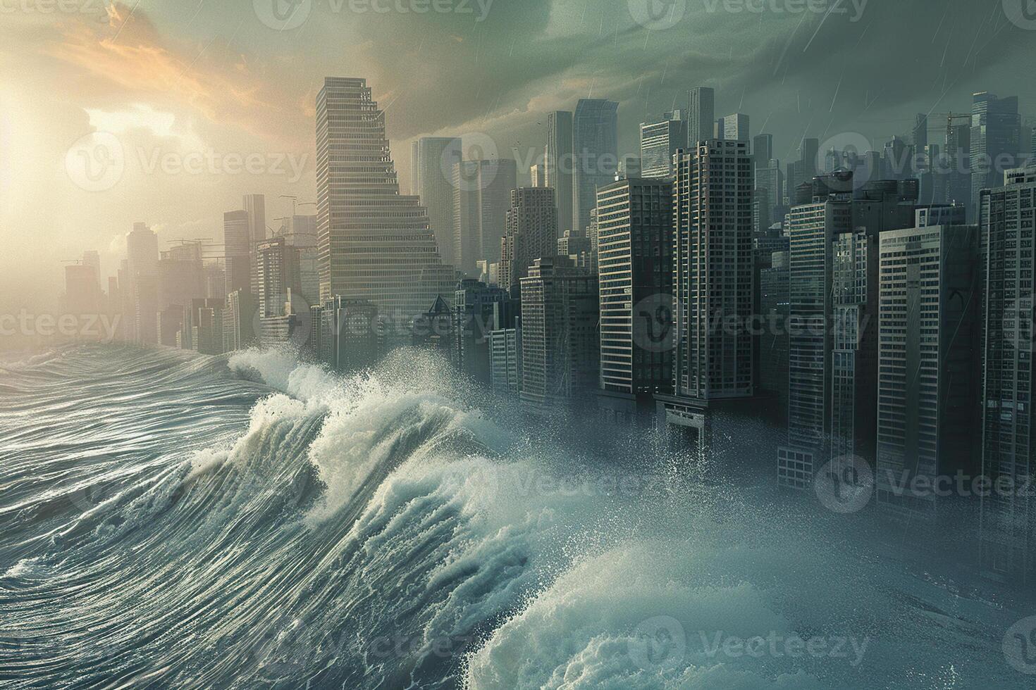 Scary tsunami with huge foamy wave, apocalyptic dramatic background photo