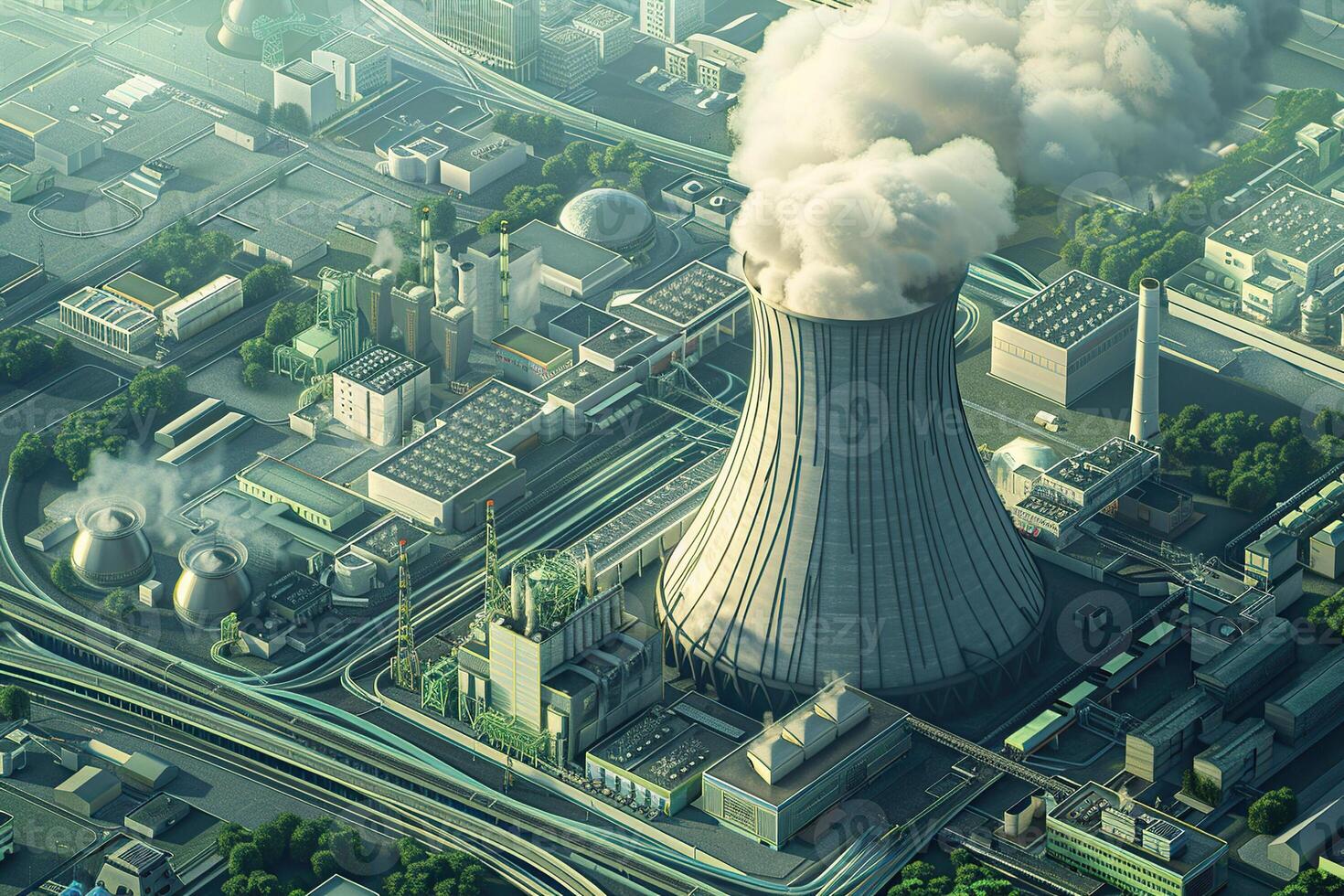 Nuclear power plant made of huge smokestacks polluting the environment photo