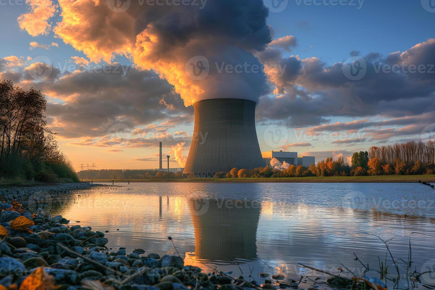 Nuclear power plant made of huge smokestacks polluting the environment photo