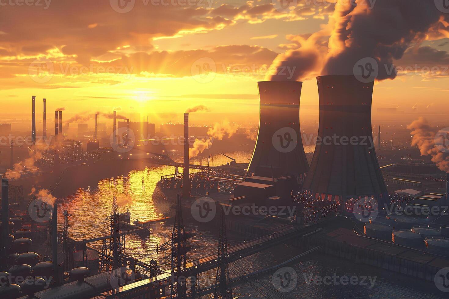 Nuclear power plant made of huge smokestacks polluting the environment photo