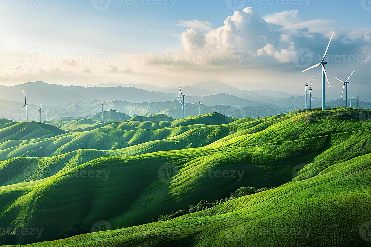 Wind power farm with rotation propellers, does not pollute environment photo