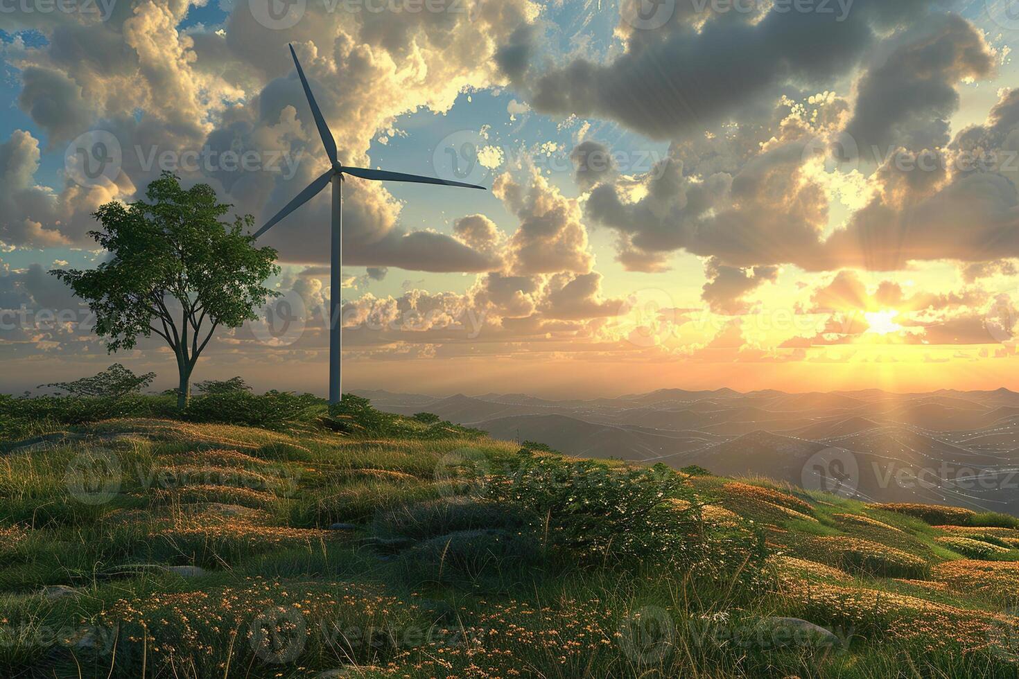 Wind power farm with rotation propellers, does not pollute environment photo