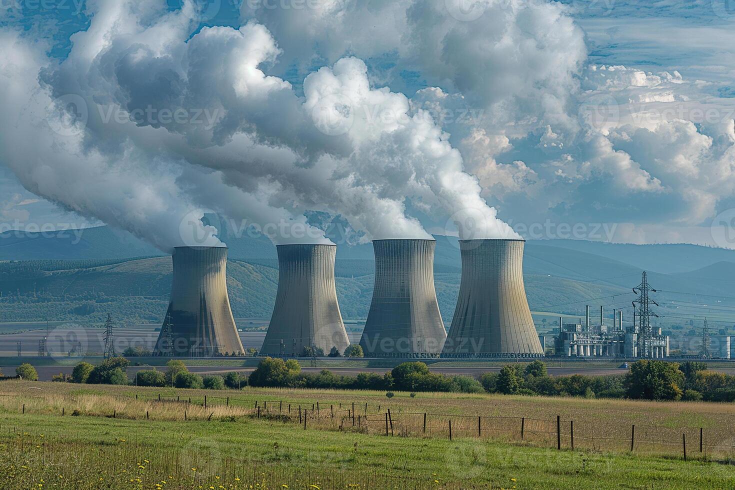 Nuclear power plant made of huge smokestacks polluting the environment photo