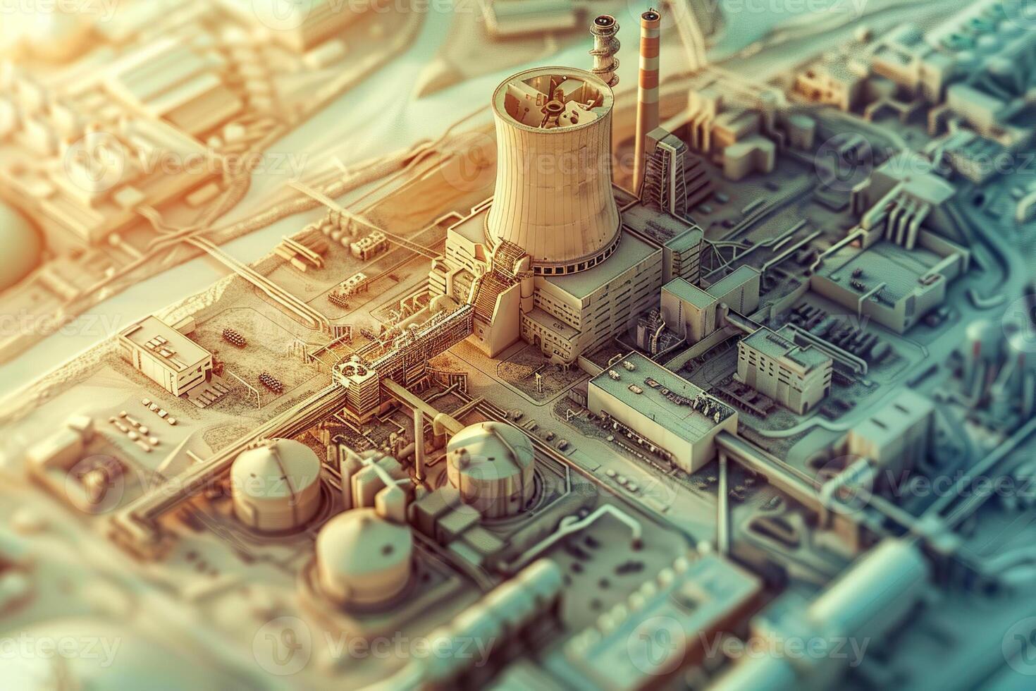 Nuclear power plant made of huge smokestacks polluting the environment photo