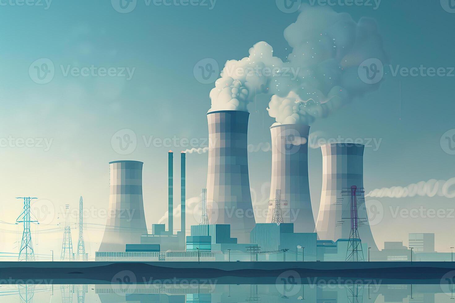 Nuclear power plant made of huge smokestacks polluting the environment photo