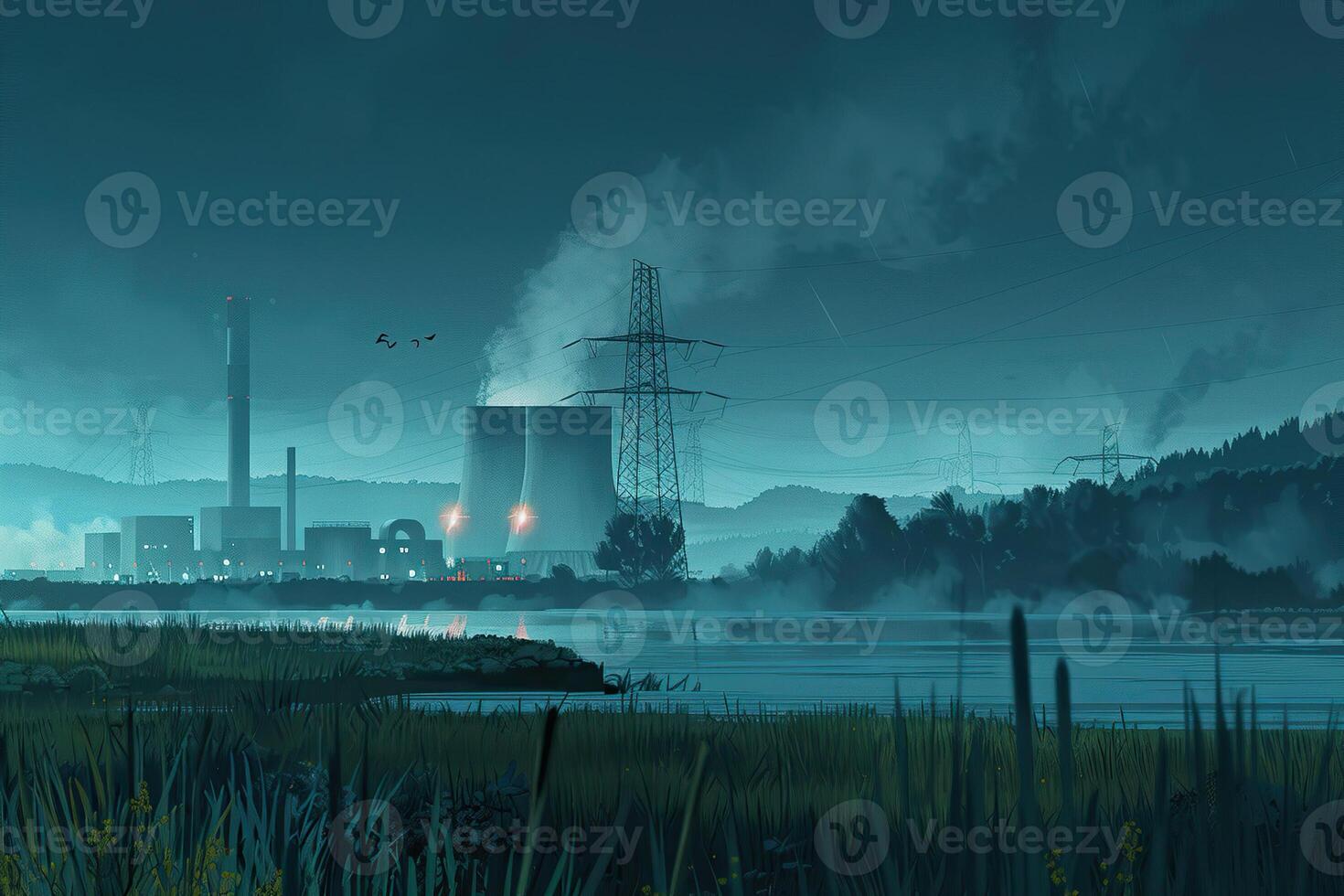 Nuclear power plant made of huge smokestacks polluting the environment photo