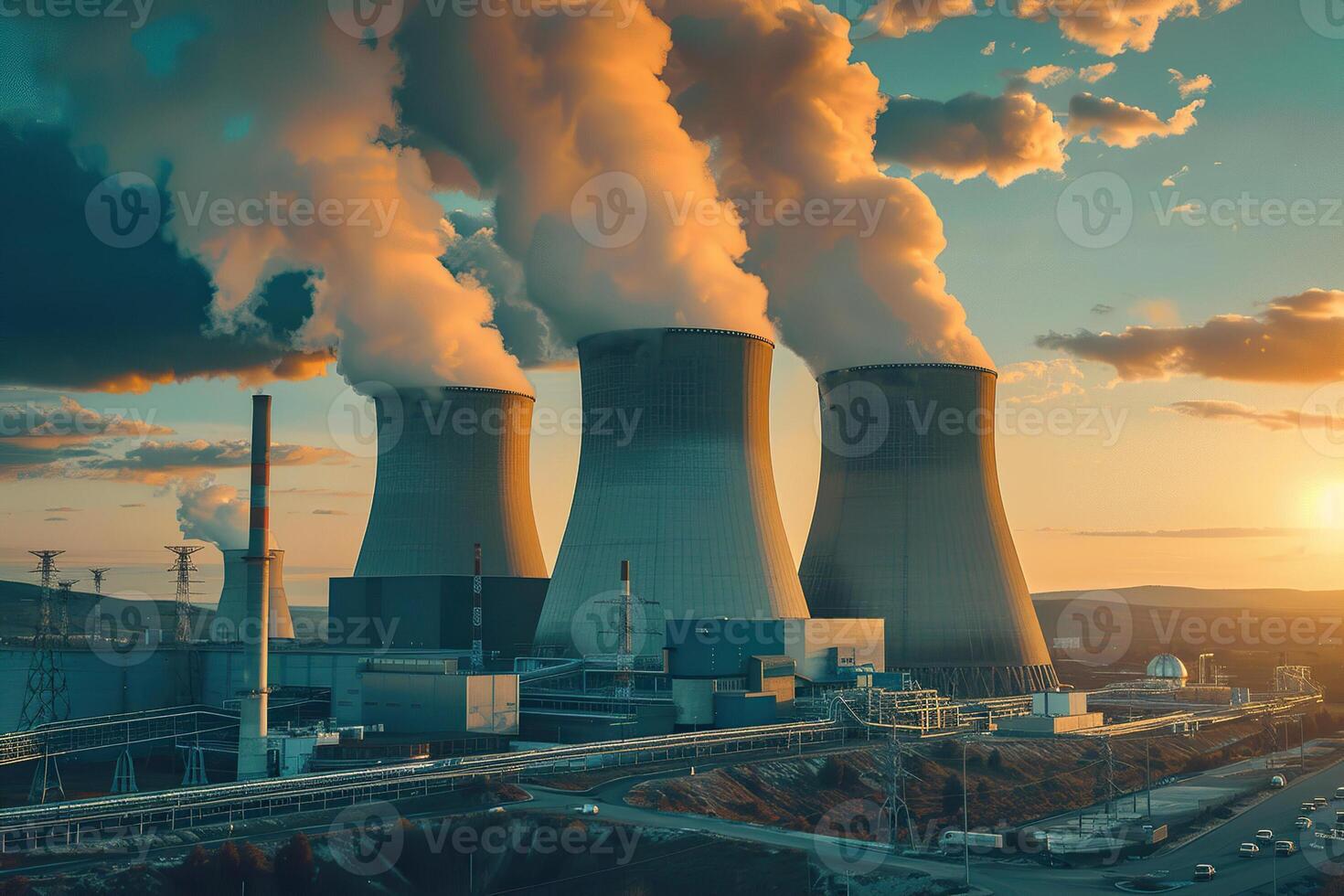 Nuclear power plant made of huge smokestacks polluting the environment photo
