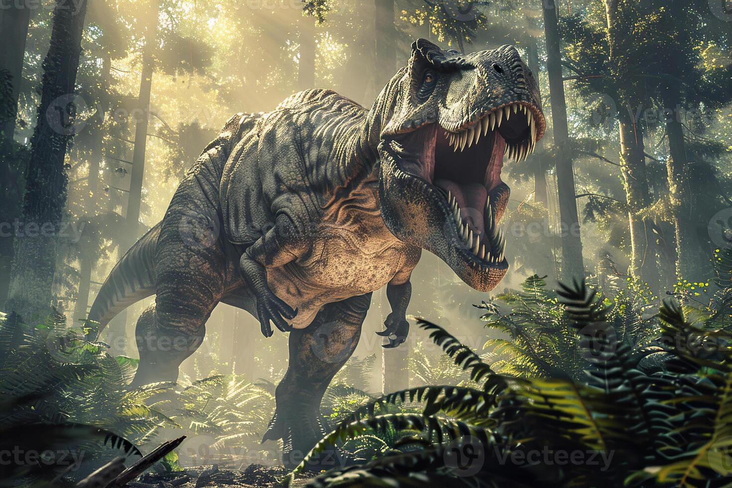 Big scary hungry dinosaur with kind eyes and sharp teeth destroying park photo
