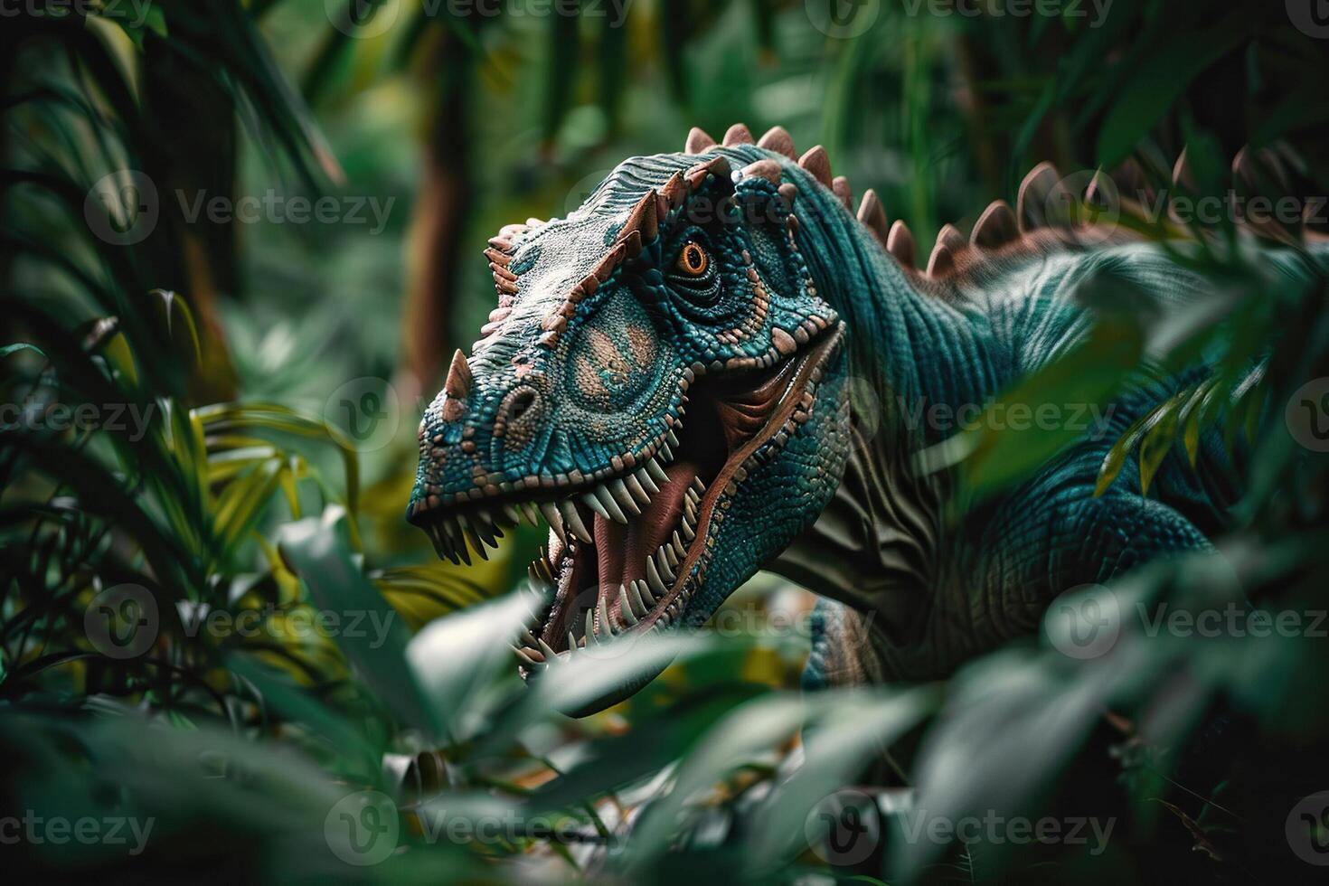 Big scary hungry dinosaur with kind eyes and sharp teeth destroying park photo
