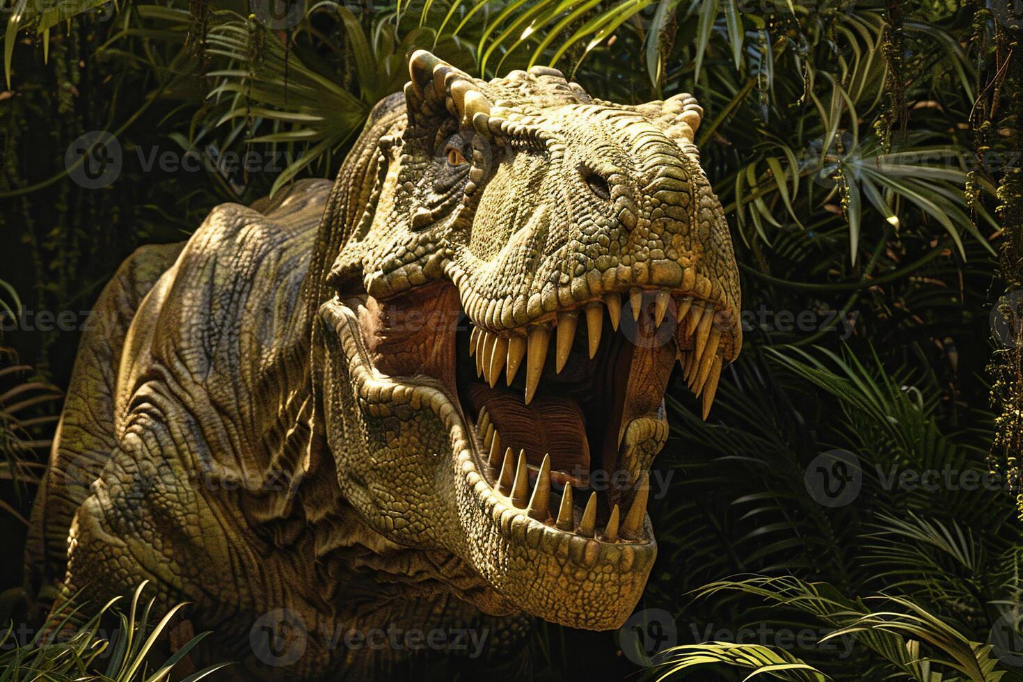 Big scary hungry dinosaur with kind eyes and sharp teeth destroying park photo