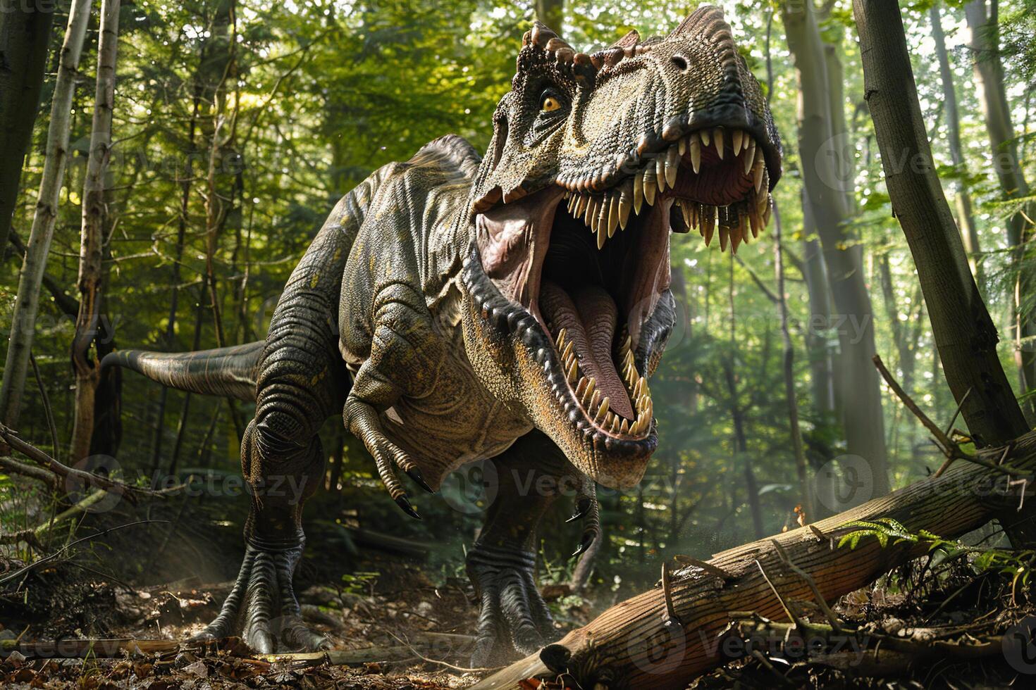 Big scary hungry dinosaur with kind eyes and sharp teeth destroying park photo