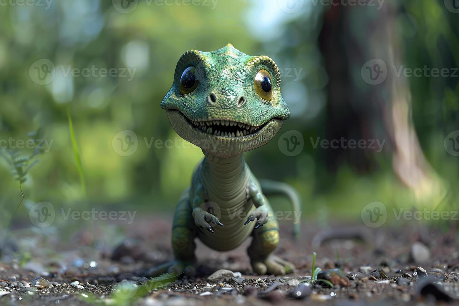 Big scary hungry dinosaur with kind eyes and sharp teeth destroying park photo