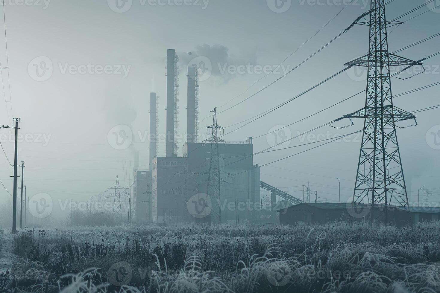 Nuclear power plant made of huge smokestacks polluting the environment photo