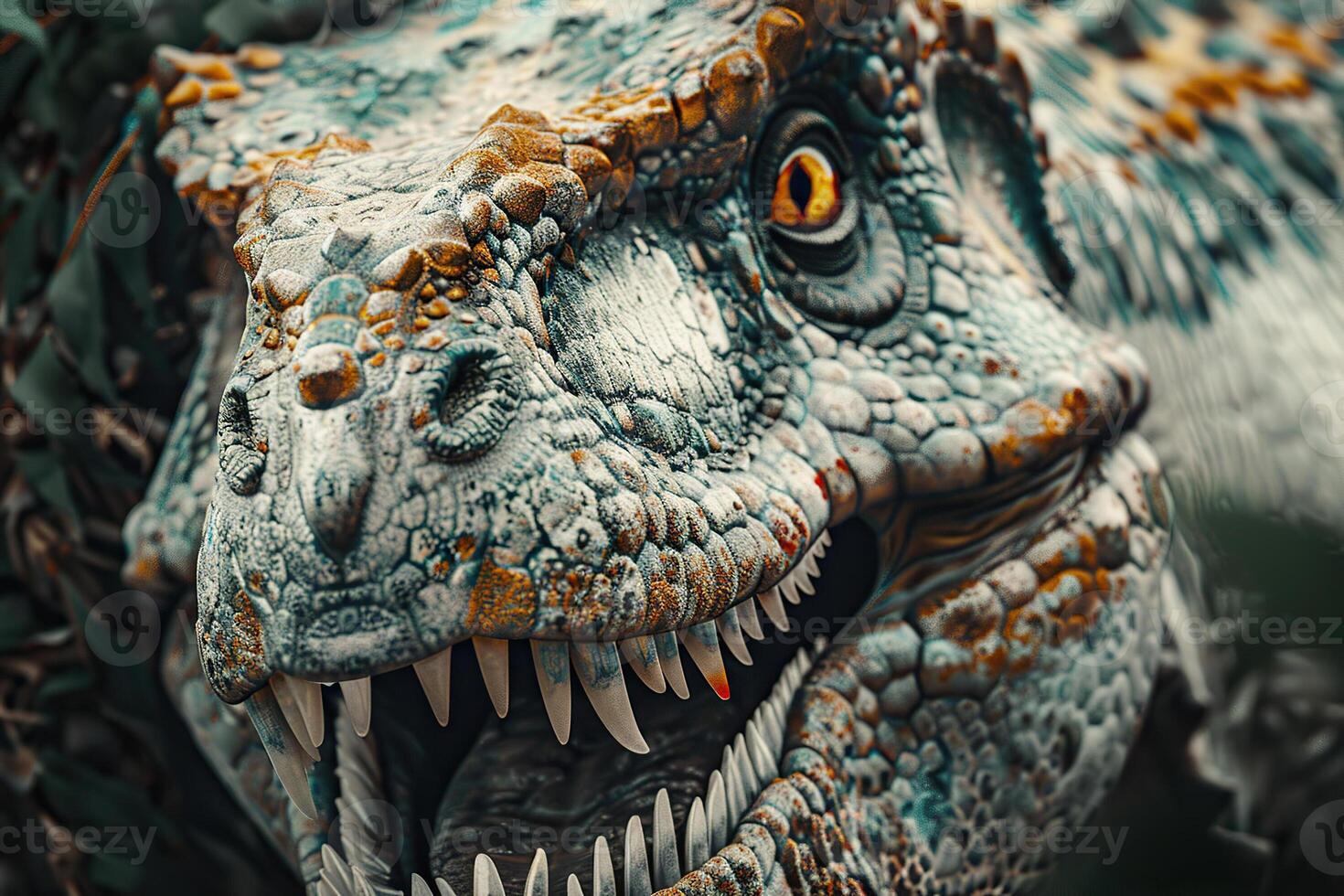 Big scary hungry dinosaur with kind eyes and sharp teeth destroying park photo