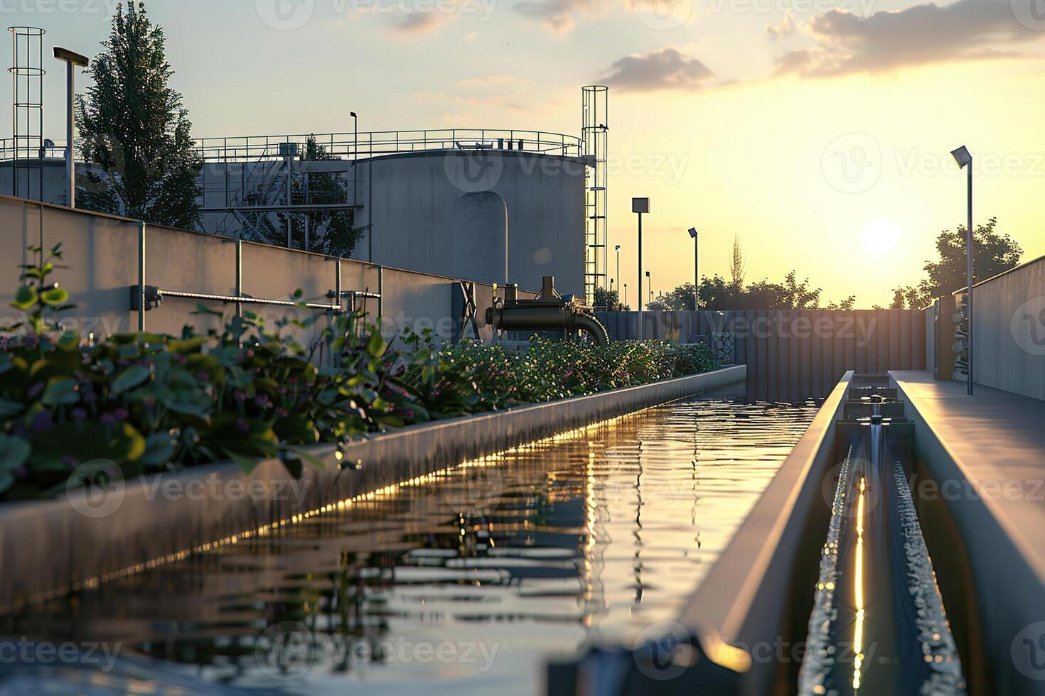 Hydroelectric power energy plant with large turbines and water spills photo