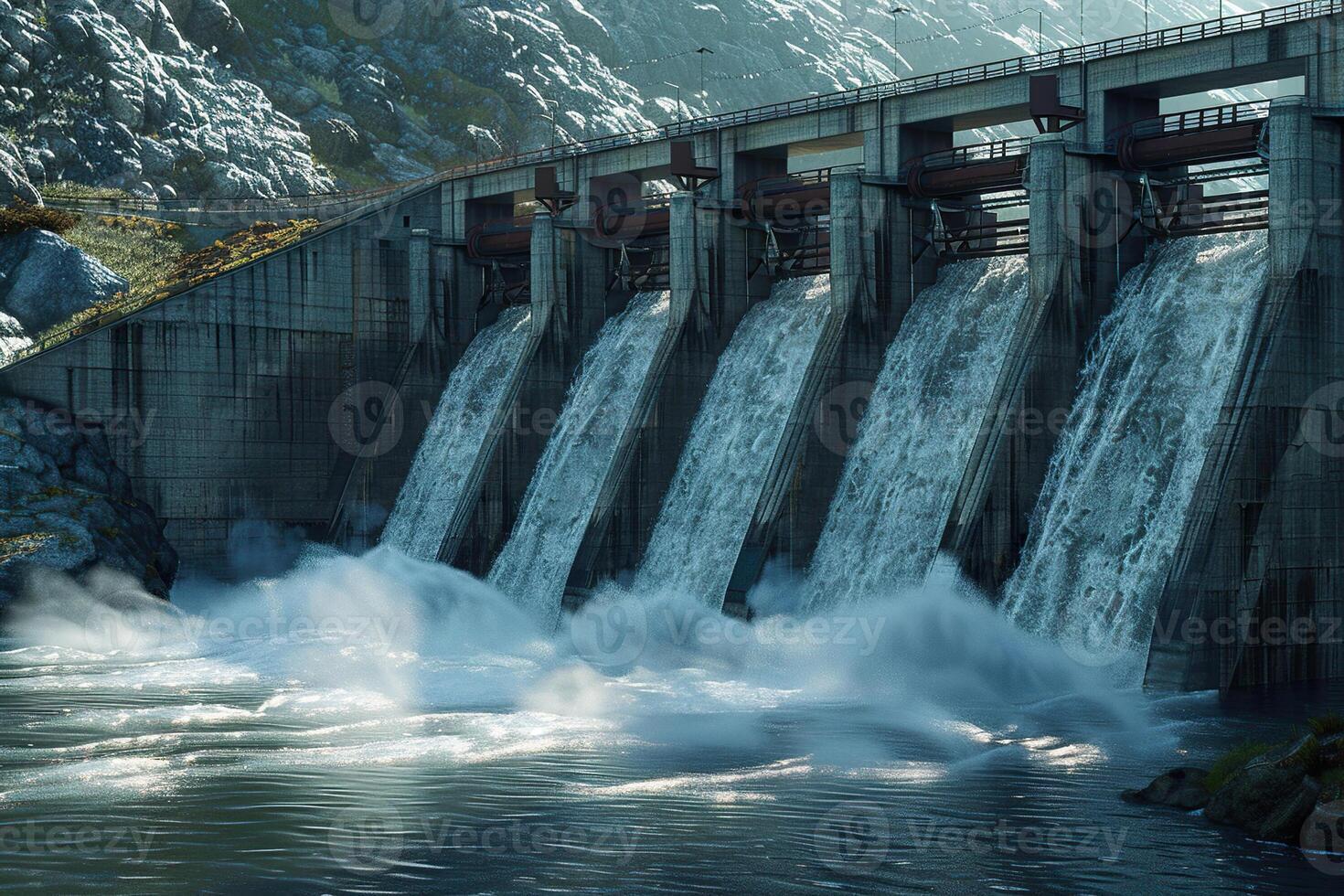 Hydroelectric power energy plant with large turbines and water spills photo