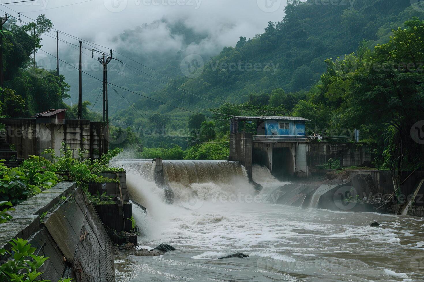 Hydroelectric power energy plant with large turbines and water spills photo