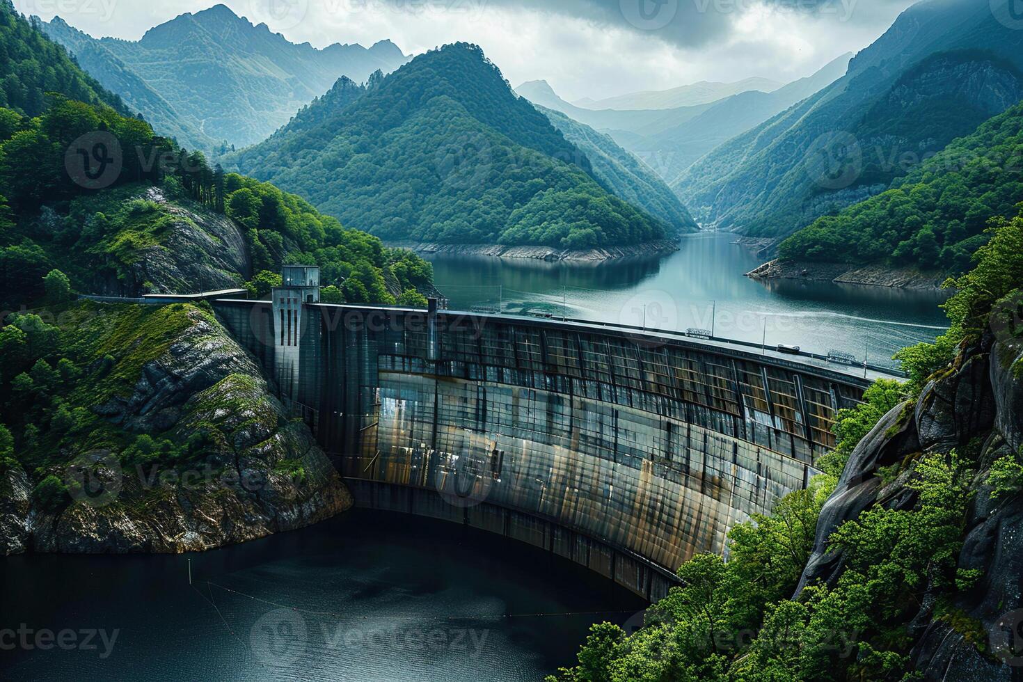 Hydroelectric power energy plant with large turbines and water spills photo