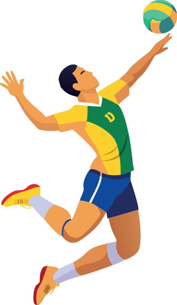 Male volleyball player wearing a green and yellow uniform jumping and hitting a ball vector