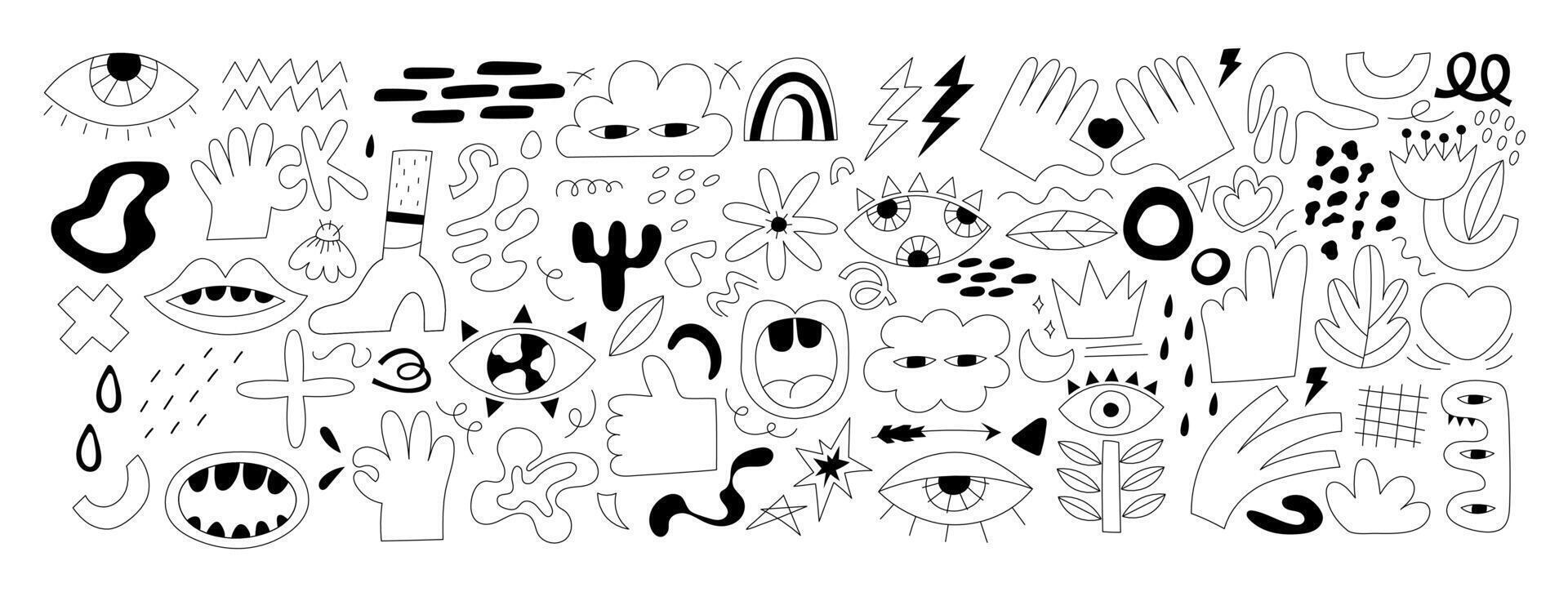 Big set of hand drawn various shapes and doodle objects, tropical elements and human hands. Abstract contemporary modern trendy illustration. All elements are isolated vector