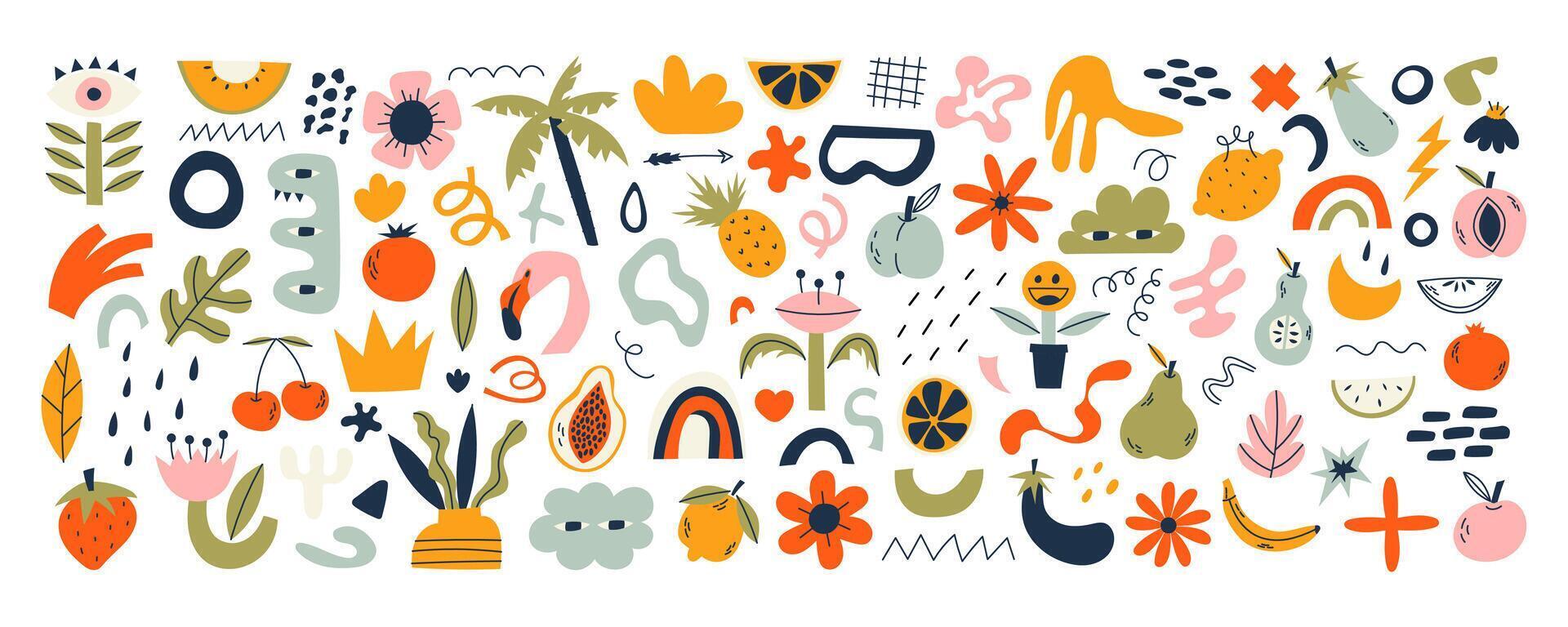 Set of trendy doodle shapes and abstract nature icons on isolated white background. Big collection, fashion elements in freehand childish cartoon style. Includes floral art, shapes, tropical fruits. vector