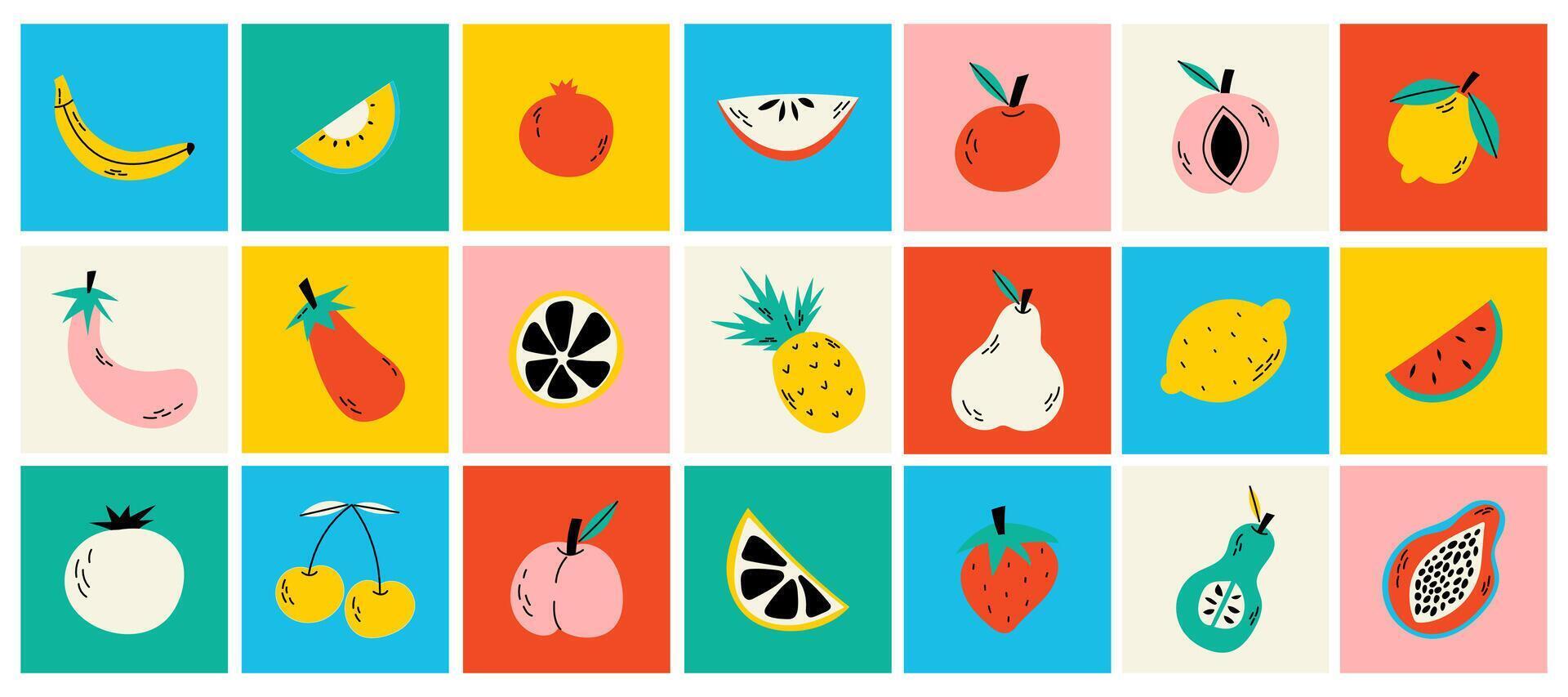 Set of various exotic tropical fruits, cartoon style. Square colorful icons. Funny bright stickers Trendy modern illustration, flat design. Hand drawn of banana, apple, pear, orange, cherry, vector