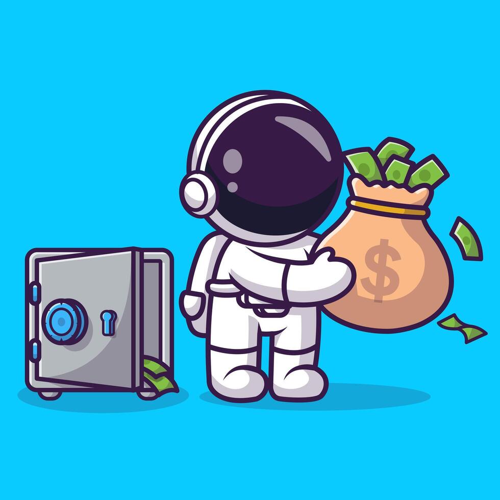 Cute Astronaut With Money Bag And Safe Deposit Box Cartoon vector