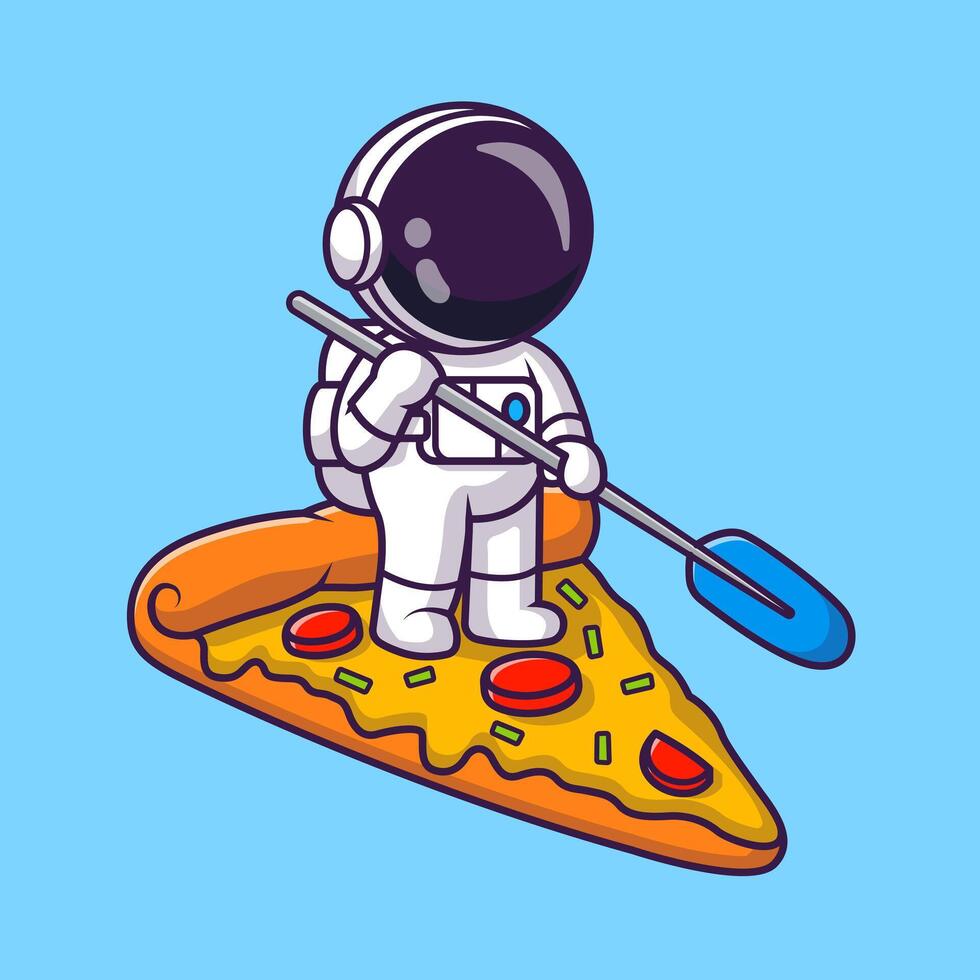 Cute Astronaut Standing On Pizza Slice With Paddle Cartoon vector
