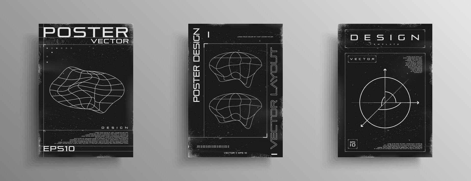 Set of retrofuturistic black and white posters vector
