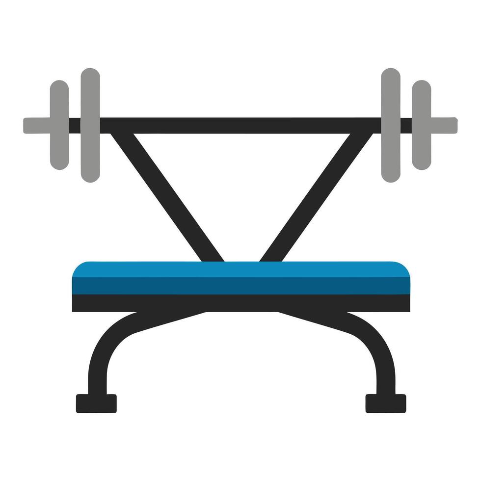 A flat minimalist illustration of a gym weight bench with a barbell, isolated on a clean white background vector