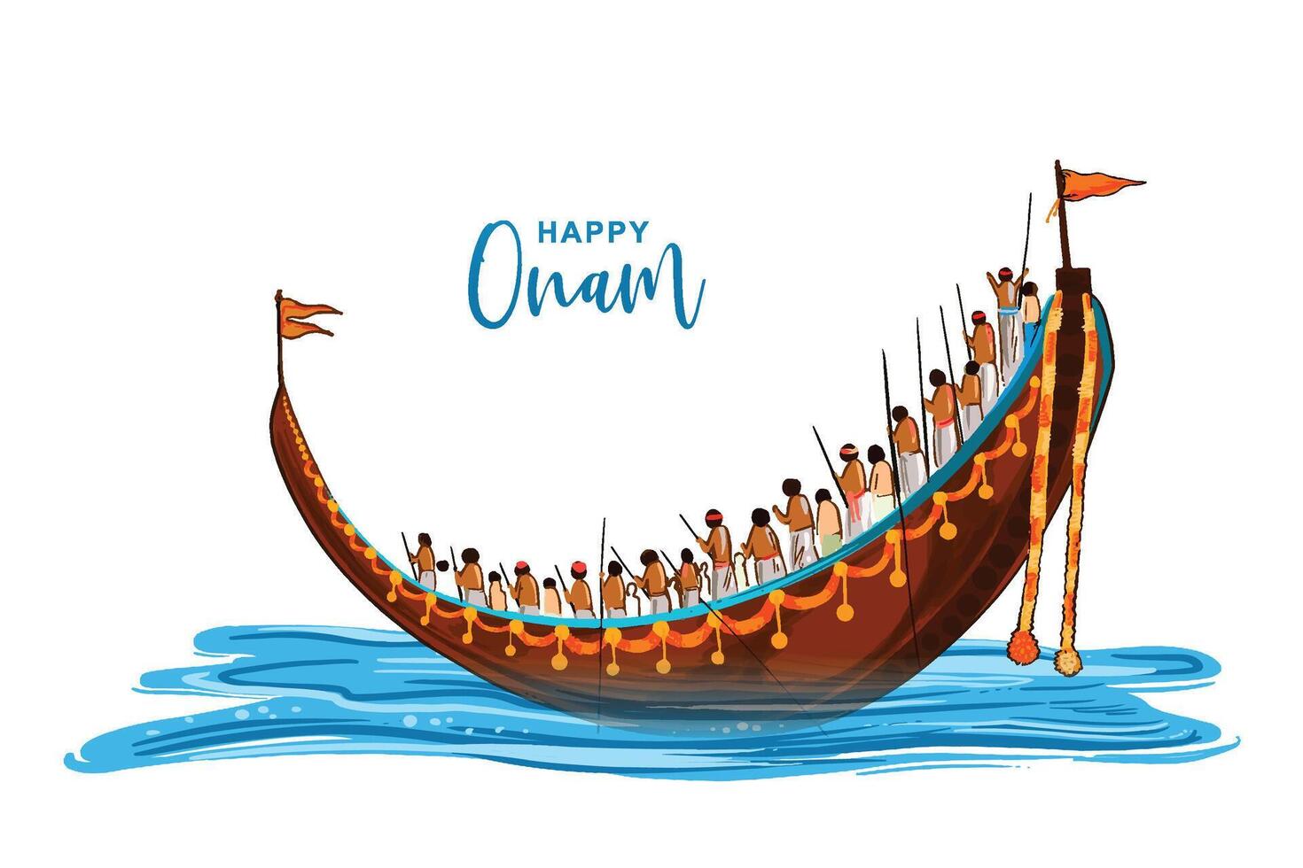Hand draw happy onam festival of south india on snakeboat race celebration card design vector