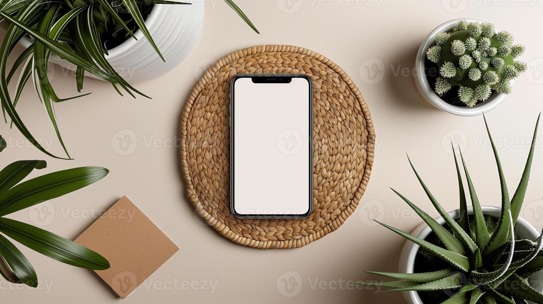 Mobile Phone with Blank Screen on Woven Mat Surrounded by Green Plants photo