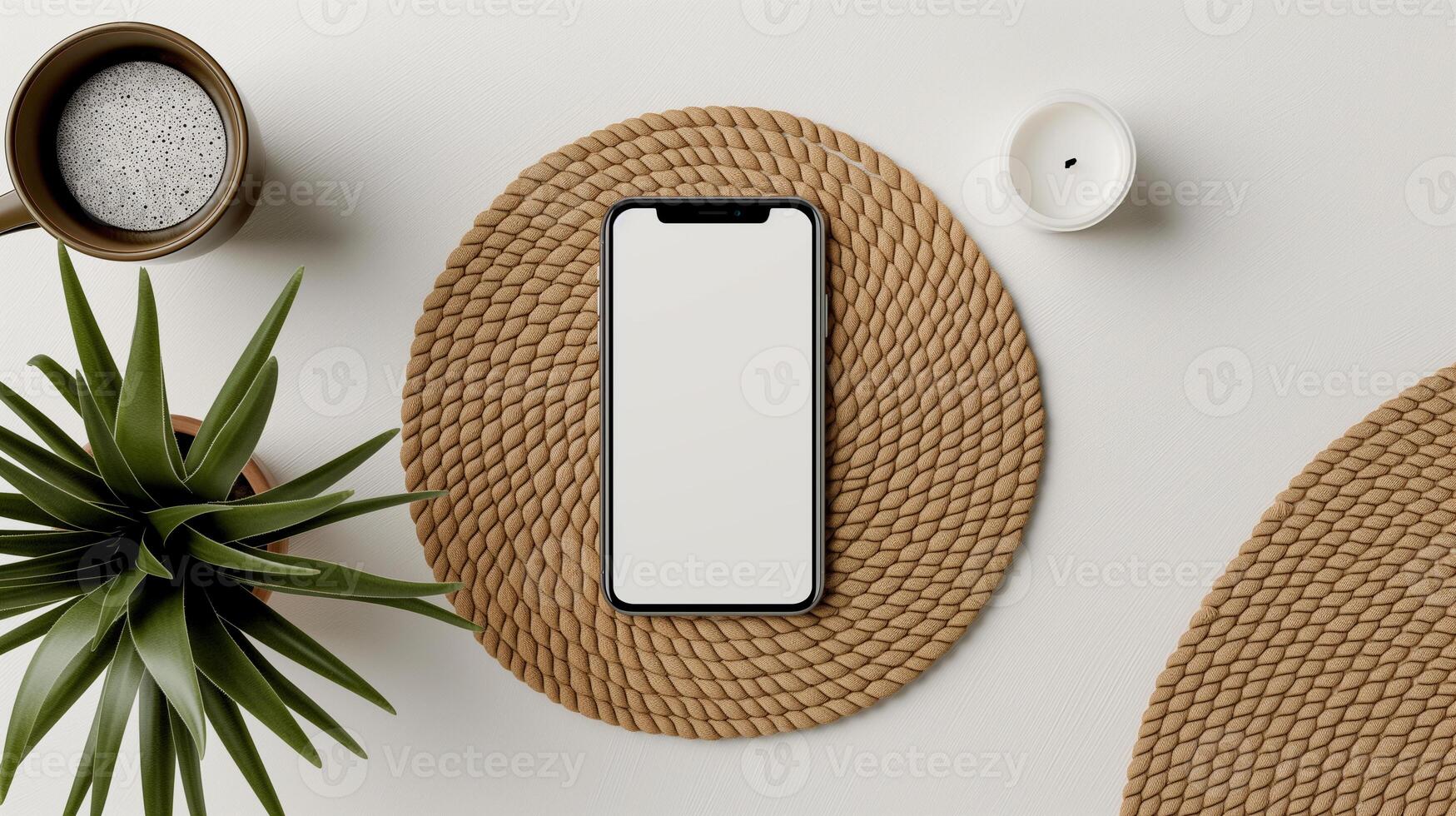 Smartphone with Blank Screen on Woven Mat with Coffee and Plant photo