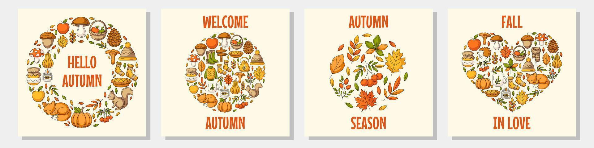 Autumn modern greeting card, square posters set. Cozy fall elements of round, heart shape, circle frame. Trendy seasonal illustration for postcard, banner, social media, web, flyer, cover vector