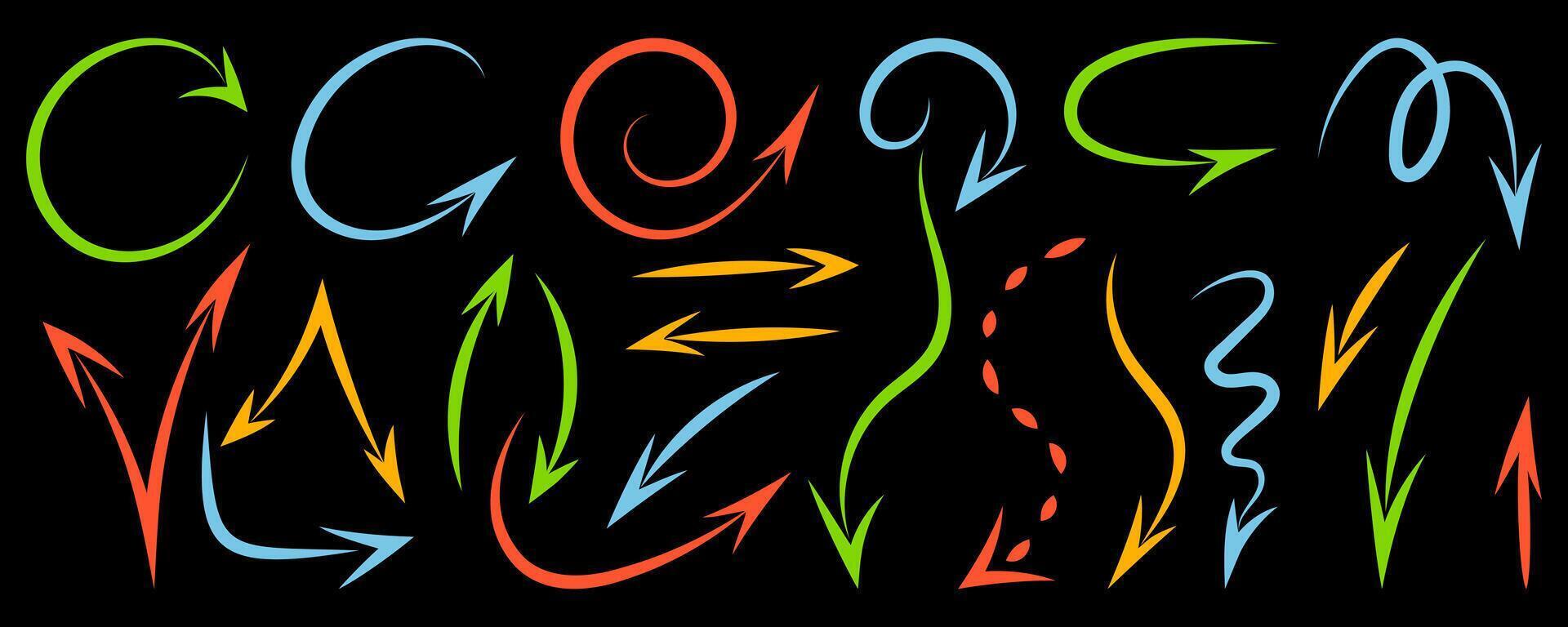 Hand drawn marker arrows set, isolated background. Doodle illustration. Freehand different colorful curved, dotted lines, swirls arrows, scribbles or scrawls, direction pointer. Design elements vector