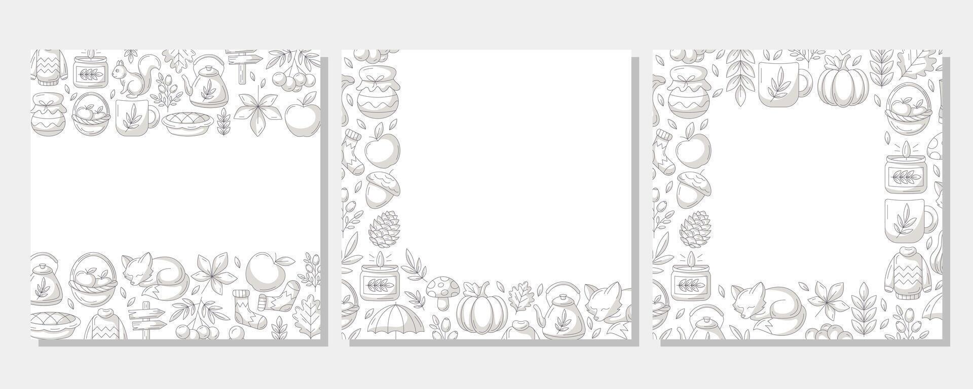 Autumn square poster set with minimalist monochrome gray various frame, upper, bottom, corner. Space for text. Fall seasonal cozy elements. For card, banner, invitation, social media, festival vector
