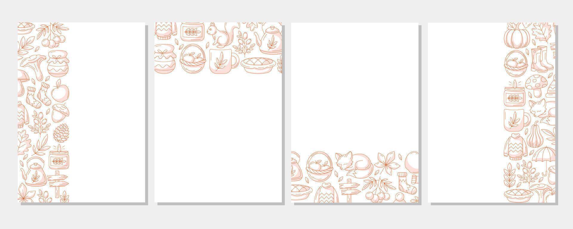 Autumn vertical a4 poster set, space for text. Minimalist monochrome red left, right side, upper, bottom frame, fall seasonal cozy elements. For card, banner, invitation, festival or planner. vector