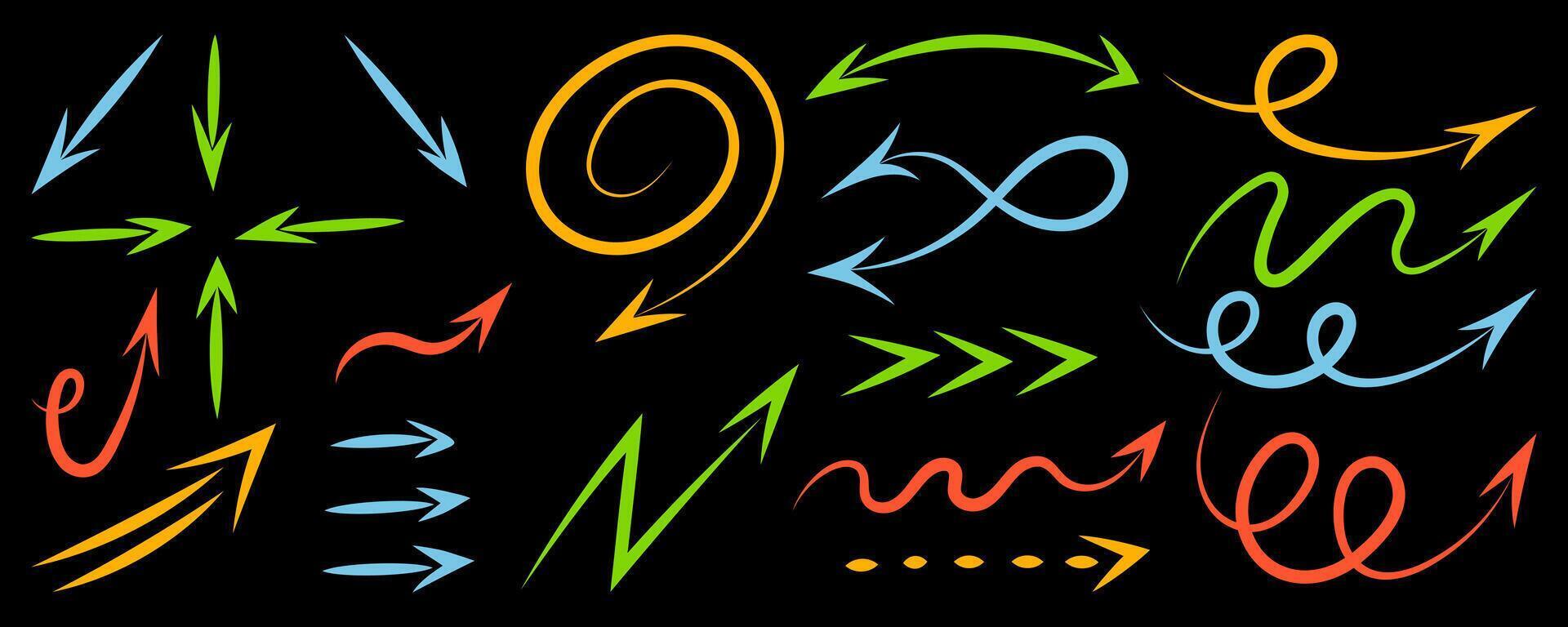 Hand drawn marker arrows set, isolated background. Doodle illustration, design elements. Freehand different colorful curved, dotted lines, swirls arrows, scribbles or scrawls, direction pointer vector