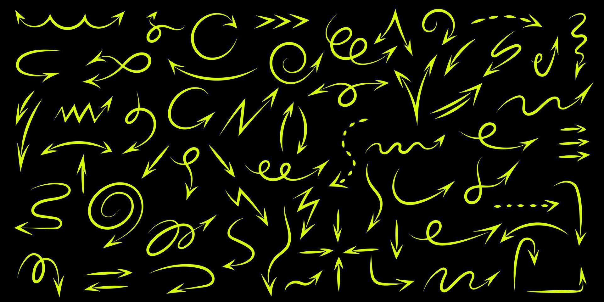 Hand drawn marker arrows set, isolated background. Freehand different curved lines, swirls arrows, scribbles and scrawls, direction pointers. Design elements, doodle sketch style vector