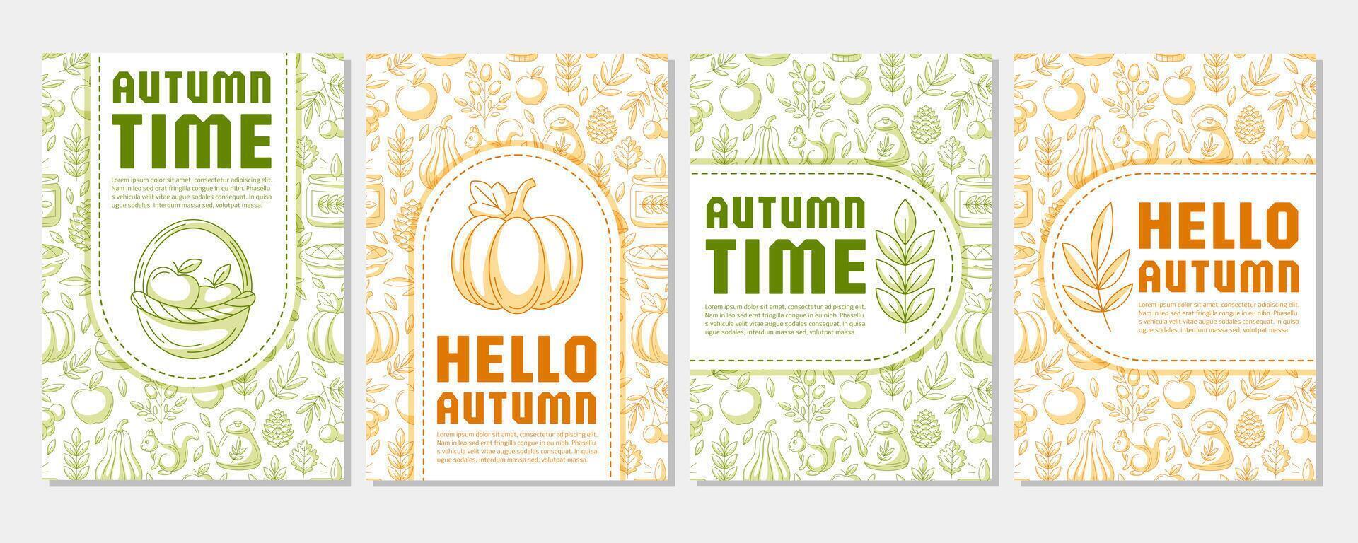 Set of autumn modern minimalist design, vertical posters a4 with cozy fall elements background. Seasonal illustration for banner, book cover, notebook, card, invitation, advertising or planner vector