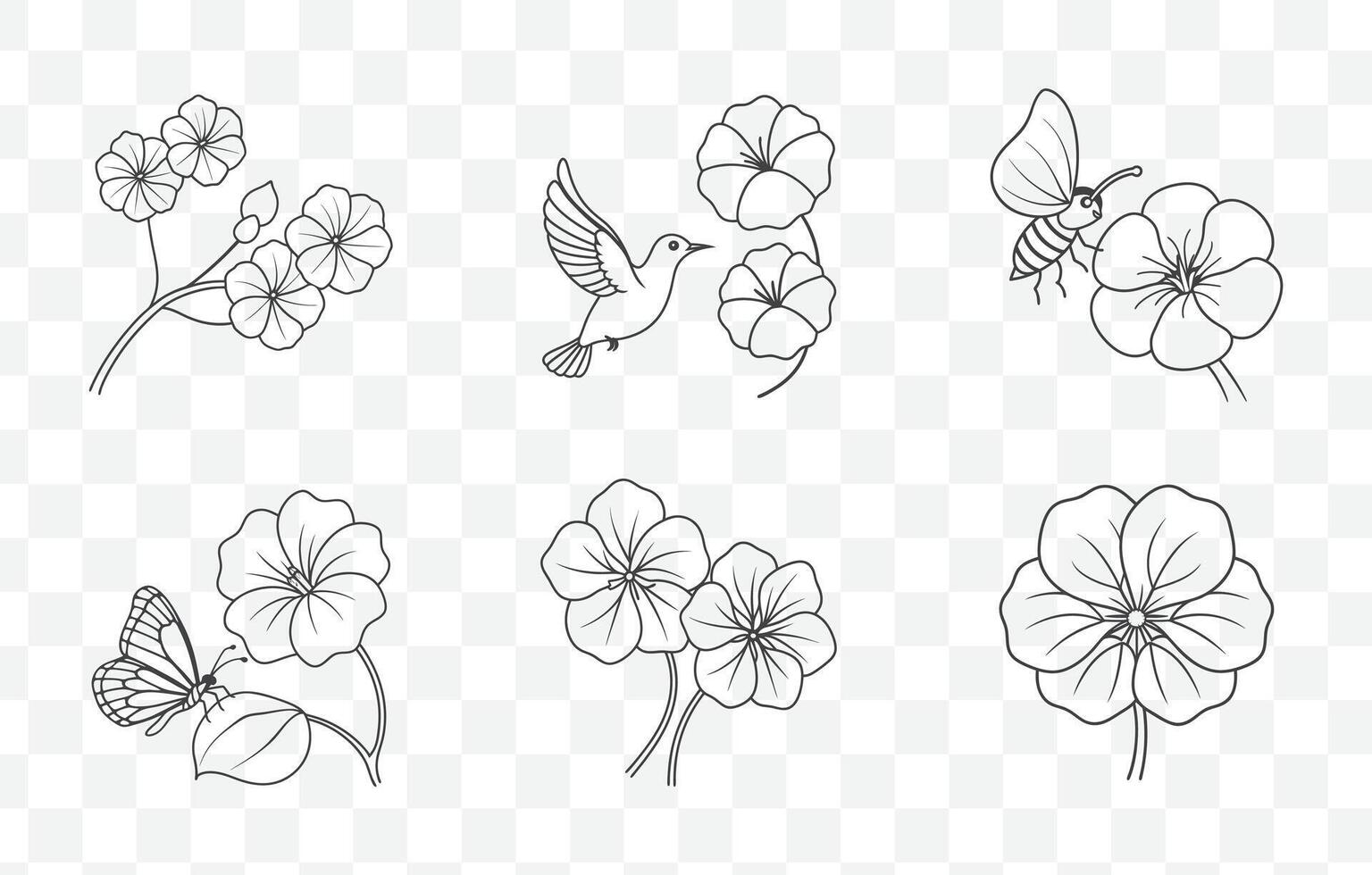 Print Nasturtium Flower Line Art Set with Detailed Floral Designs for Botanical Illustrations and Nature Inspired Artwork vector