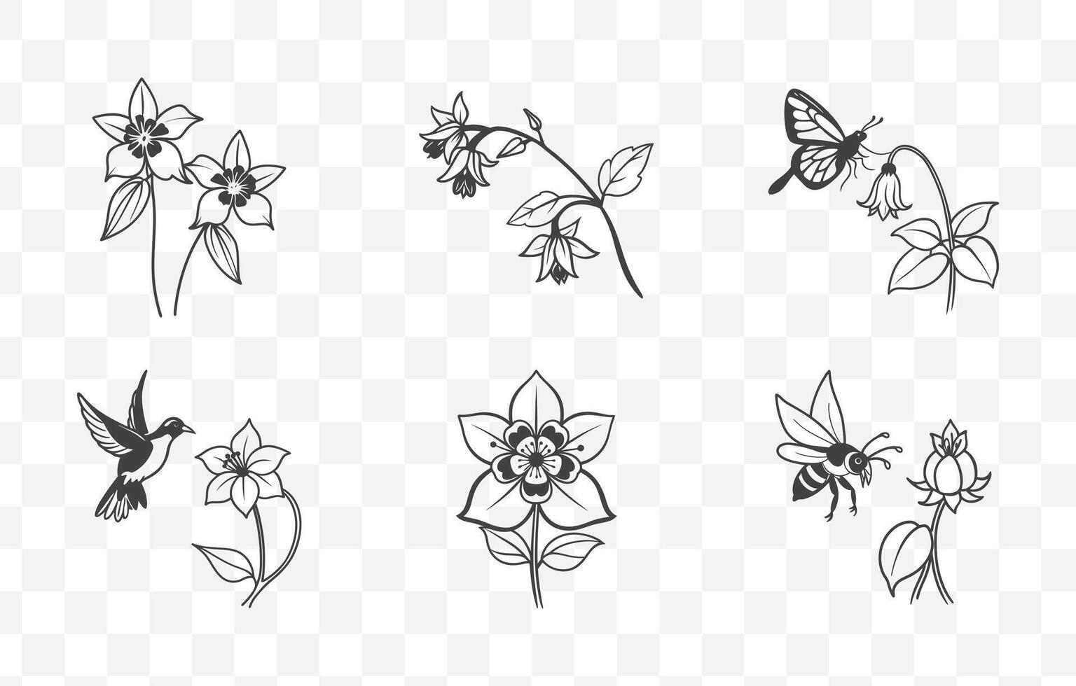 Print Columbine Flower Detailed Line Art Set for Botanical Illustrations and Floral Design Projects vector