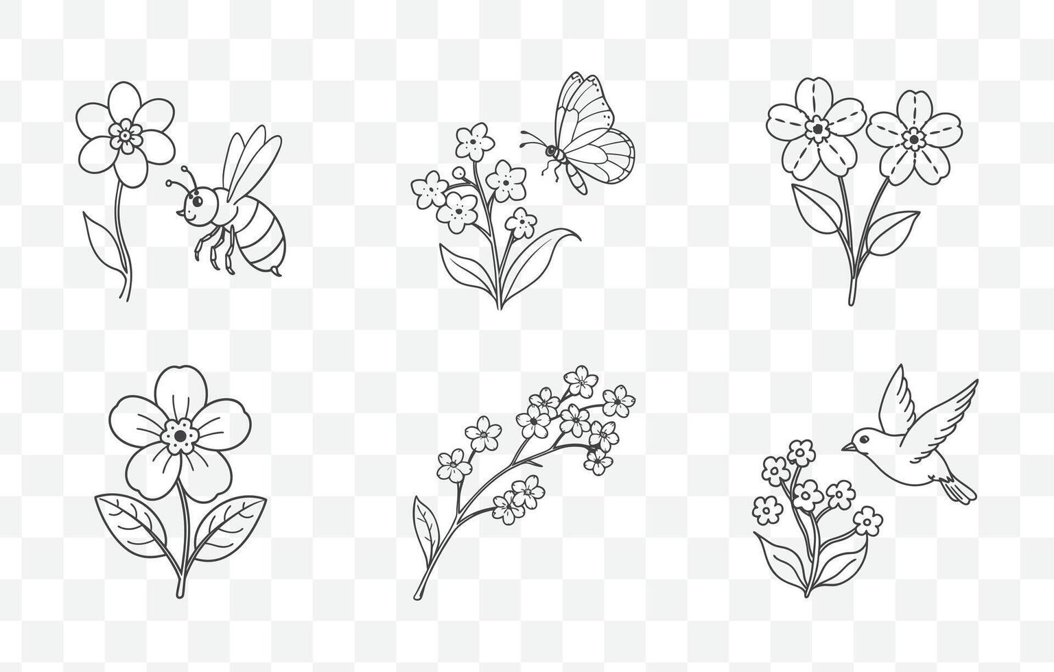 Print Forget Me Not Flower Line Art Set Delicate Botanical Illustrations of Forget Me Nots in Black and White vector