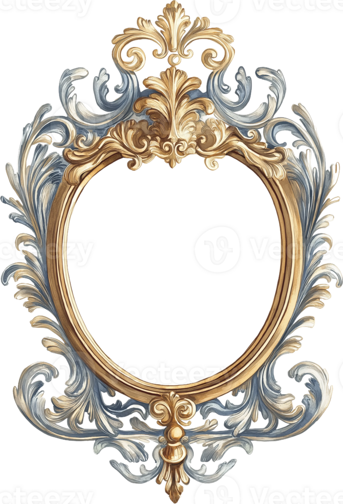 an ornate frame with a gold frame and blue flowers png