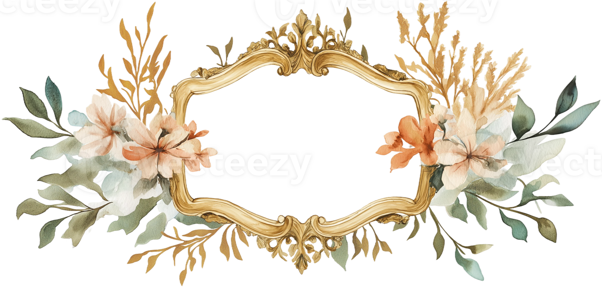 gold frame with flowers and leaves on transparent background png