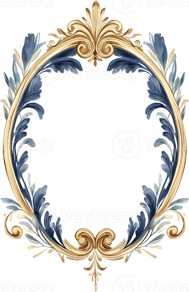 golden frame with blue flowers and leaves on a transparent background png