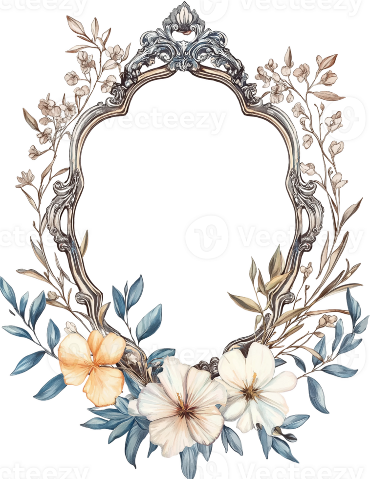 a floral frame with leaves and flowers on a transparent background png
