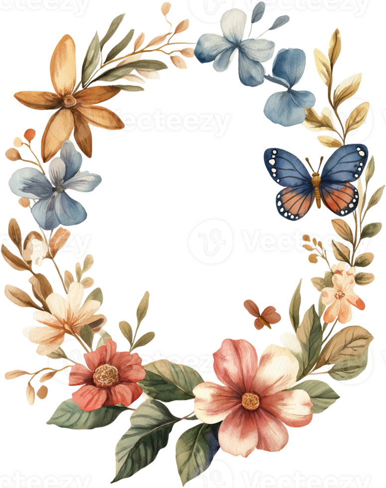 watercolor floral wreath with butterflies and flowers png