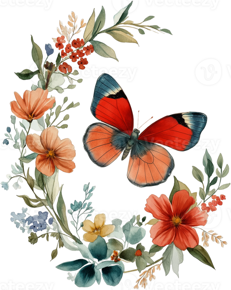 a flower wreath with a butterfly and flowers on transparent background png